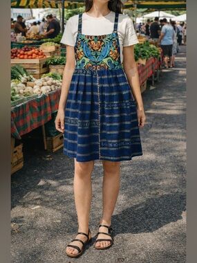 Vtg Guatemala Jumper Overalls Ikat Huipil Embroidered Birds Hippie Boho Dress S